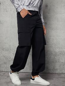 GENTILAND Hombres Pantalones cargo con bolsillo lateral con solapa con cadena - Negro - Ver 6