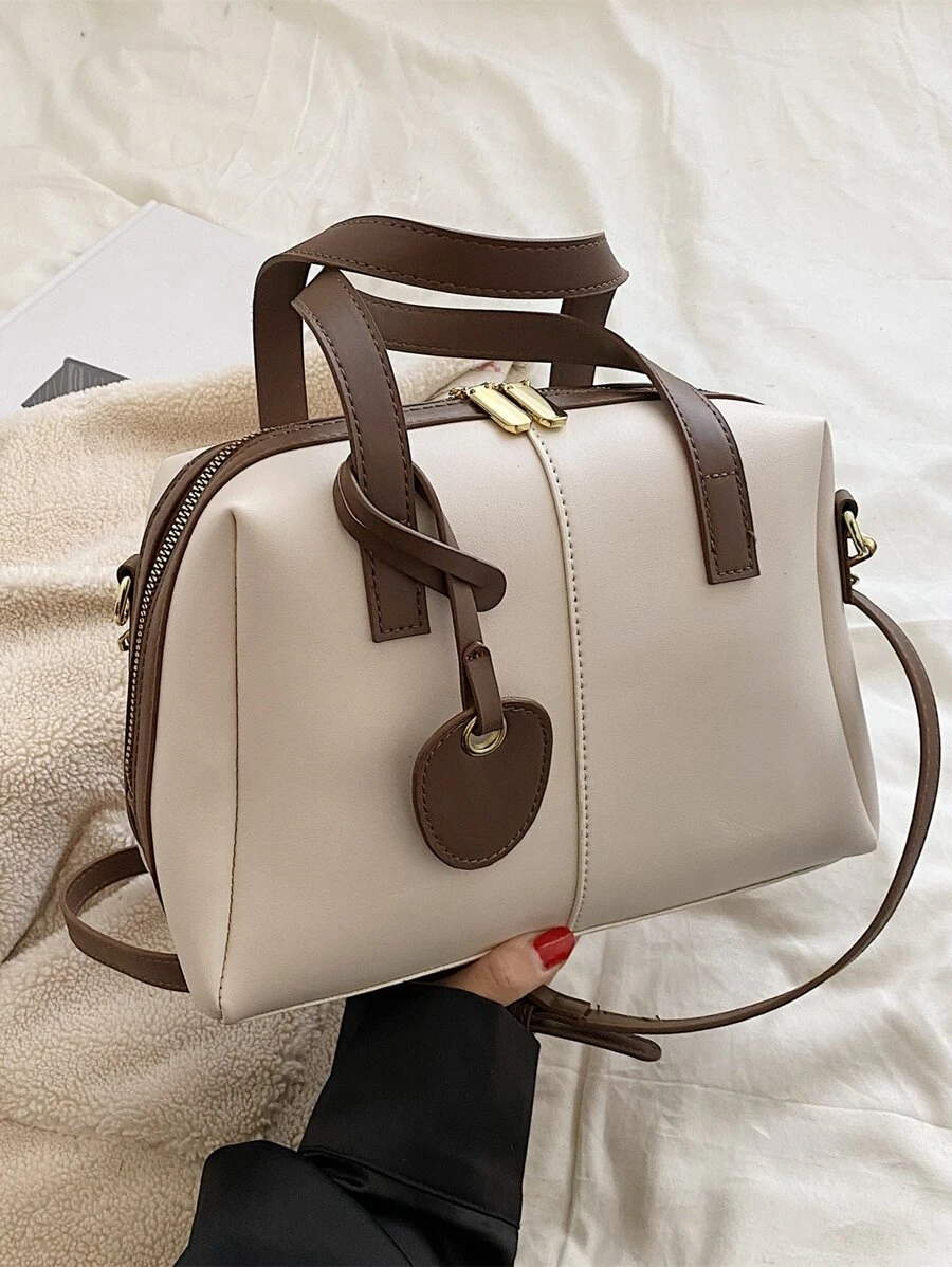 極簡風格雙把手波士頓包 - 米色 - 查看 1