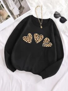 SHEIN LUNE Plus Heart & Leopard Print Thermal Lined Drop Shoulder Sweatshirt - Black - View 1