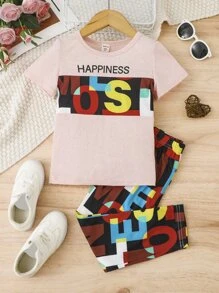 Toddler Girls Letter Graphic Tee & Trousers - Multicolor - View 1