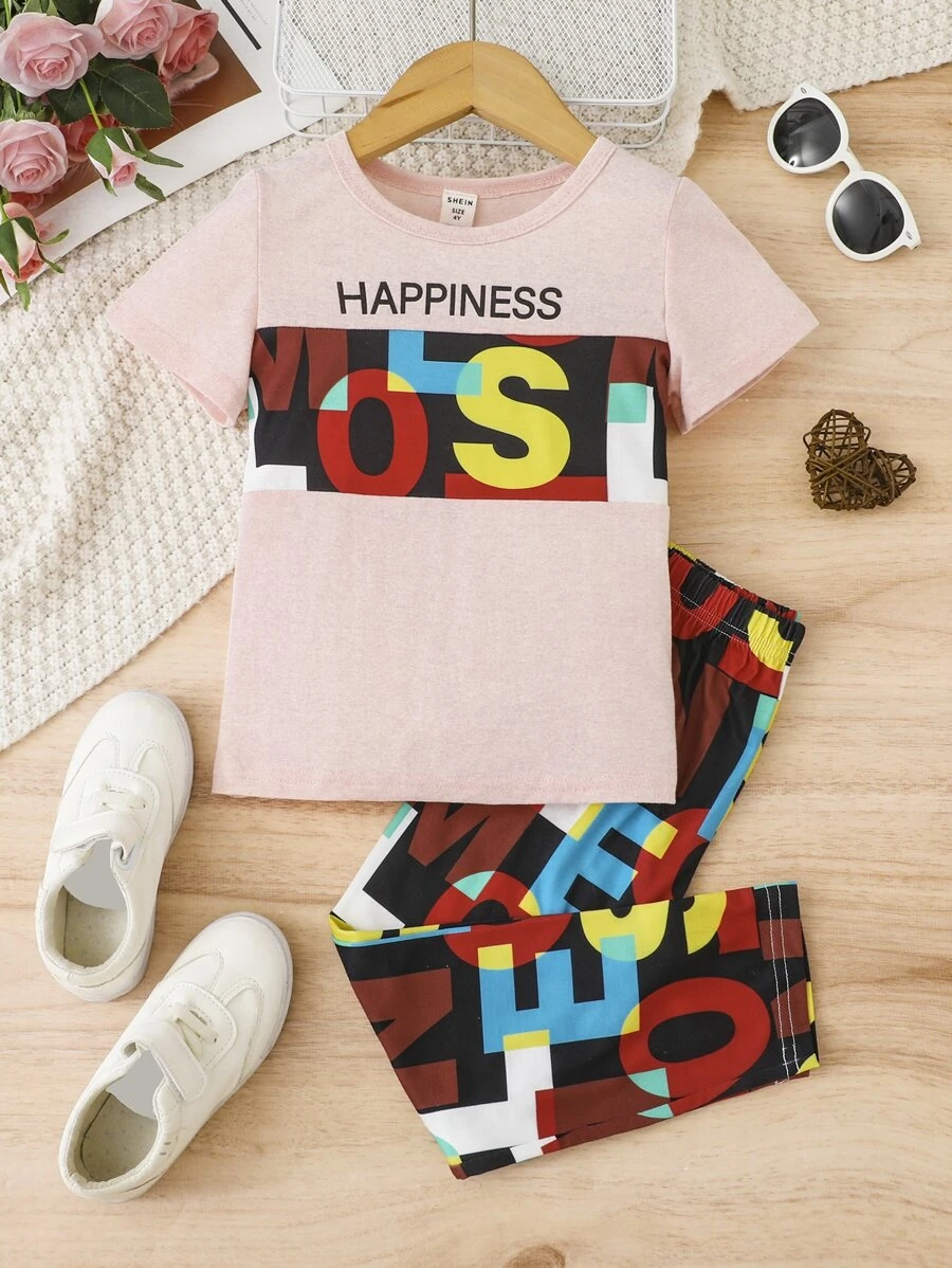 Toddler Girls Letter Graphic Tee & Trousers - Multicolor - View 1