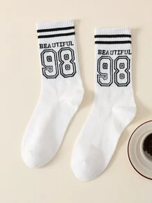 Calcetines de tripulación con estampado de letra - Blanco y Negro - Ver 1