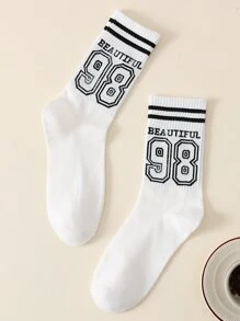 Calcetines de tripulación con estampado de letra - Blanco y Negro - Ver 2