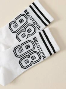 Calcetines de tripulación con estampado de letra - Blanco y Negro - Ver 4