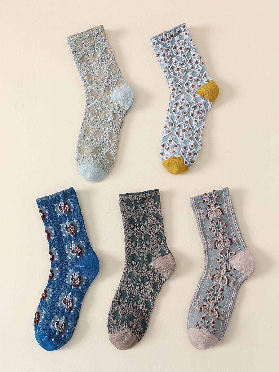 5pairs Floral Print Crew Socks - Multicolor - View 1