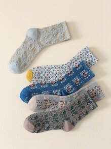5pairs Floral Print Crew Socks - Multicolor - View 2