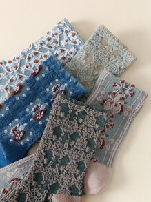 5pairs Floral Print Crew Socks - Multicolor - View 4