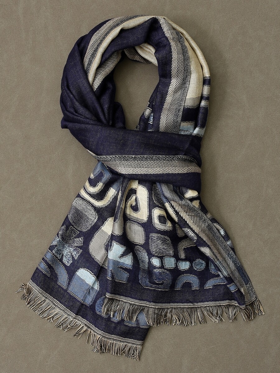 Men Geo Print Scarf - Navy Blue - View 1