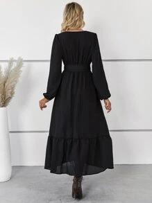 Vestido con cinturón de manga farol bajo con fruncido - Negro - Ver 2