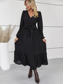 Vestido con cinturón de manga farol bajo con fruncido - Negro - Ver 5