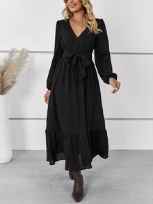 Vestido con cinturón de manga farol bajo con fruncido - Negro - Ver 6