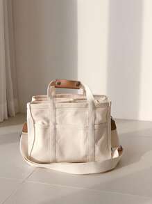 時尚多功能帆布袋，肩背袋，斜跨包，具有大容量和多個口袋 - 米色 - 查看 1