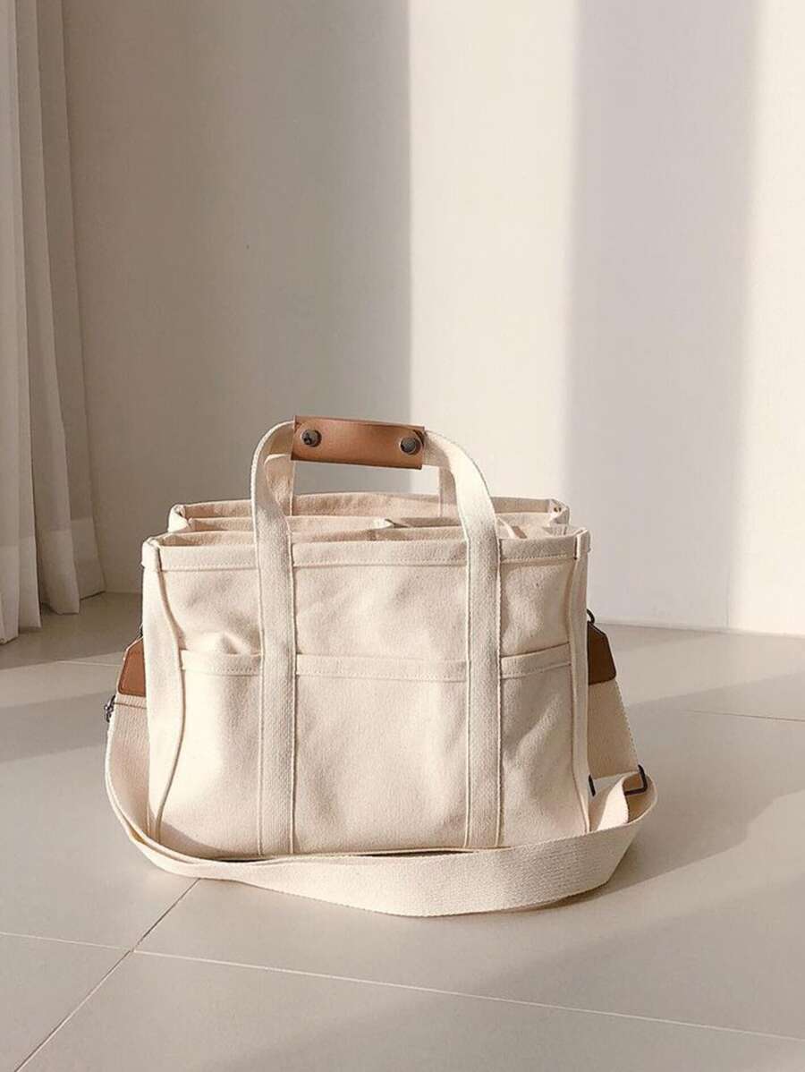 時尚多功能帆布袋，肩背袋，斜跨包，具有大容量和多個口袋 - 米色 - 查看 1
