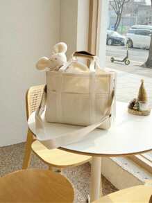 時尚多功能帆布袋，肩背袋，斜跨包，具有大容量和多個口袋 - 米色 - 查看 2