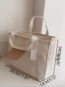 時尚多功能帆布袋，肩背袋，斜跨包，具有大容量和多個口袋 - 米色 - 查看 4