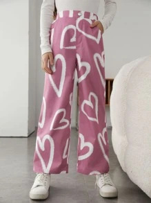SHEIN Tween Girl Casual Cute High Waist Woven Wide Leg Pants With Heart Shaped Pattern