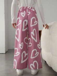 SHEIN Tween Girl Casual Cute High Waist Woven Wide Leg Pants With Heart Shaped Pattern