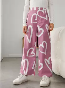 SHEIN Tween Girl Casual Cute High Waist Woven Wide Leg Pants With Heart Shaped Pattern