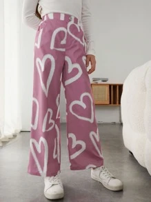 SHEIN Tween Girl Casual Cute High Waist Woven Wide Leg Pants With Heart Shaped Pattern