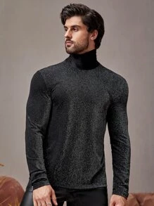 GENTILAND Men High Neck Glitter Tee - Black - View 4