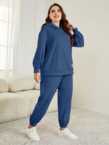 Mulvari 大碼字母貼布落肩袖連帽衫和運動褲 - 藍色 - 查看 4