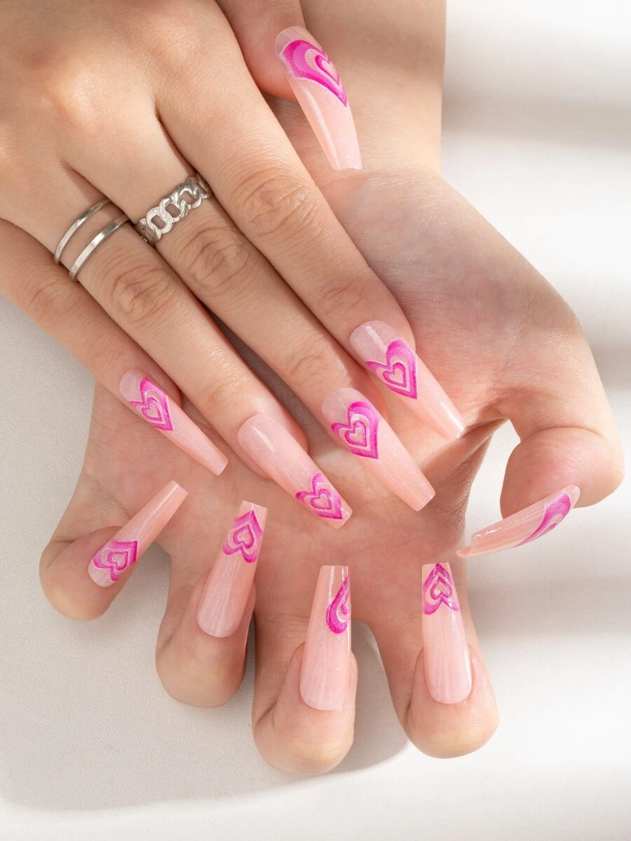 24pcs Long Coffin Heart Pattern Fake Nail & 1sheet Tape & 1pc Nail File - Multicolor - View 1