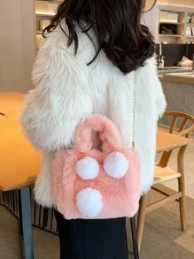 Túi đeo chéo Nữ POM Pom màu trơn Chuỗi Đôi tay cầm Đúng mốt - Hồng - Xem 1