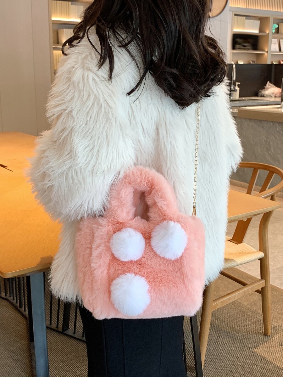 Túi đeo chéo Nữ POM Pom màu trơn Chuỗi Đôi tay cầm Đúng mốt - Hồng - Xem 1