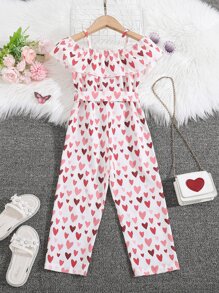 Toddler Girls Heart Print Cold Shoulder Ruffle Trim Belted Jumpsuit - White - View 2