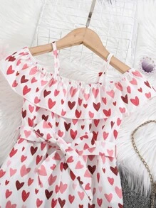 Toddler Girls Heart Print Cold Shoulder Ruffle Trim Belted Jumpsuit - White - View 5