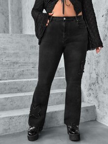 SHEIN ICON Plus Butterfly Embroidery Flare Leg Jeans - Black - View 3