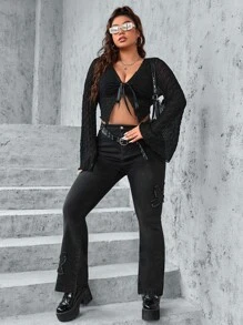 SHEIN ICON Plus Butterfly Embroidery Flare Leg Jeans - Black - View 4