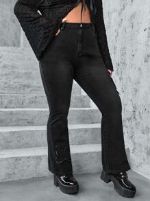 SHEIN ICON Plus Butterfly Embroidery Flare Leg Jeans - Black - View 5