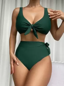 SHEIN Swim Summer Beach Plain Knot Front High Waisted Bikini Set - Dark Green - View 1