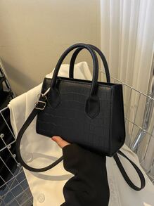 鱷魚壓紋雙把手方包 - 黑色 - 查看 1