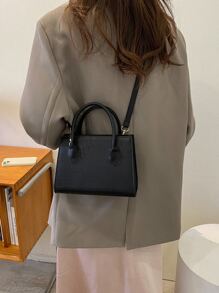 鱷魚壓紋雙把手方包 - 黑色 - 查看 4