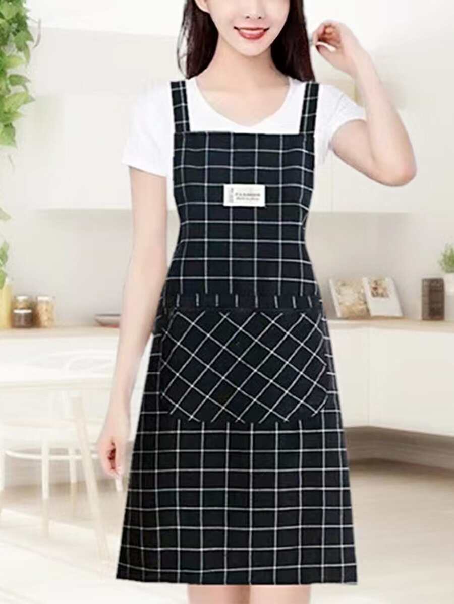 1 pieza Delantal con estampado de cuadros impermeable - Negro - Ver 1