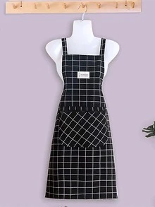 1 pieza Delantal con estampado de cuadros impermeable - Negro - Ver 3