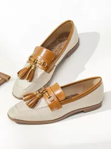 Tassel Decor Square Toe Linen Flat Loafers - Beige - View 1