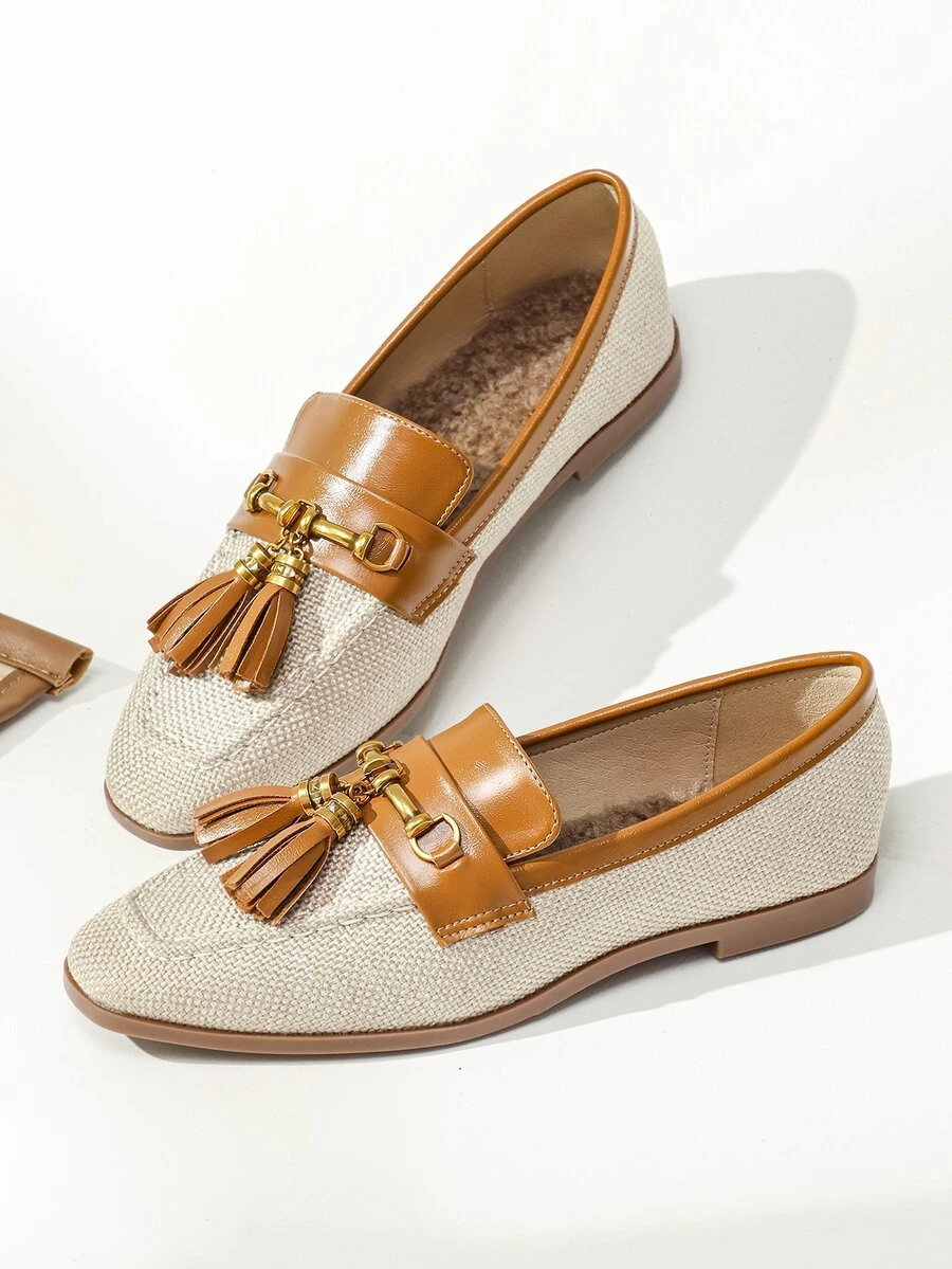 Tassel Decor Square Toe Linen Flat Loafers - Beige - View 1