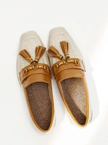 Tassel Decor Square Toe Linen Flat Loafers - Beige - View 6
