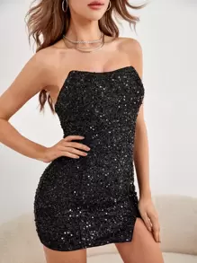 SHEIN BAE Sequin Tube Bodycon Dress - Black - View 4