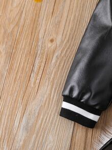 SHEIN 少女字母拼接下垂肩鋪棉飛行夾克&pu短裙 - 黑與白 - 查看 5