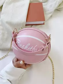 Mini Letter Graphic Basketball Design Circle Bag, Fashion Chain Shoulder Round Bag, Hand Zipper Bag - Multicolor - View 3