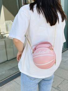 Mini Letter Graphic Basketball Design Circle Bag, Fashion Chain Shoulder Round Bag, Hand Zipper Bag - Multicolor - View 4