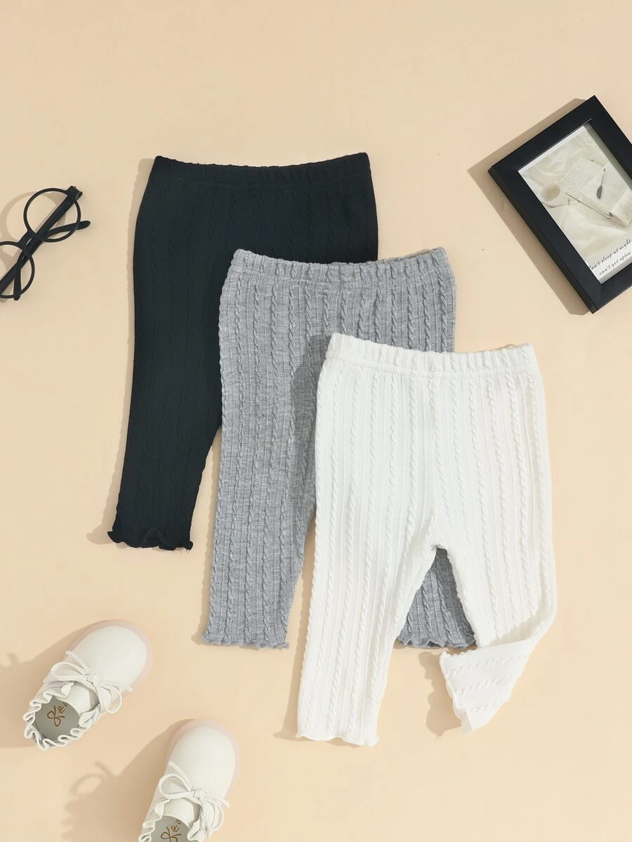 嬰兒3入組條紋針織木耳邊緊身打底褲