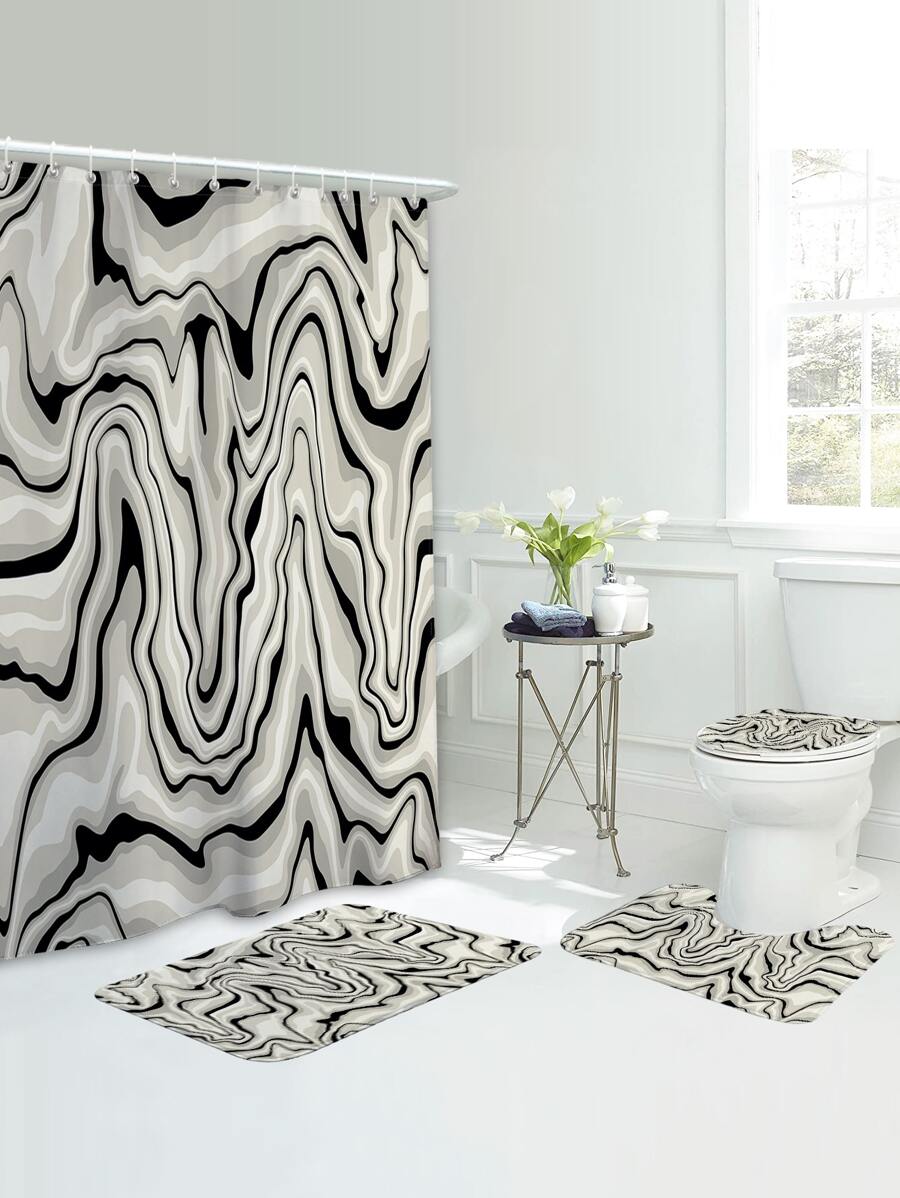 1入組抽象印花長毛絨浴室毯或者1入組防水浴簾和1入組廁所地墊 - 彩色 - 查看 1