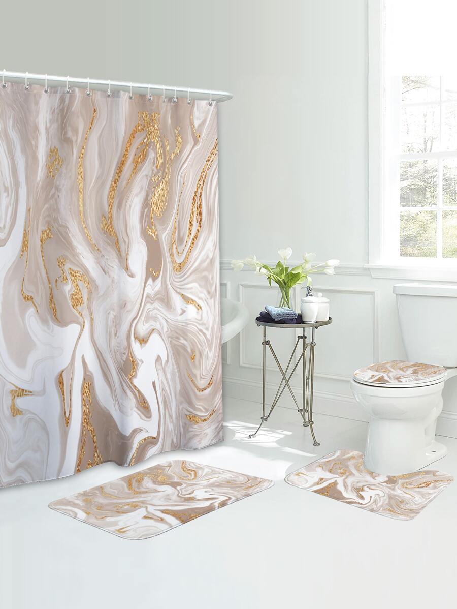 1pc Marble Print Bath Rug Or 1pc Shower Curtain - Multicolor - View 1
