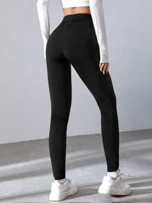 SHEIN EZwear Quần legging đen eo chồng chéo - màu đen - Xem 7