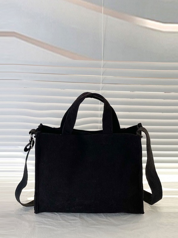 Letter Patch Corduroy Tote Bag, Casual Shoulder Bag Retro Style